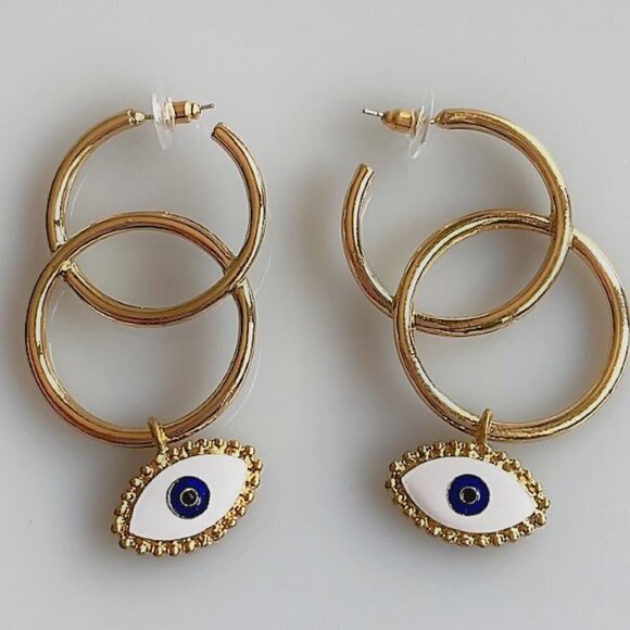 NEW EVIL EYE DOUBLE HOOP EARRINGS GOTH PUNK COSTUME - Picture 1 of 5